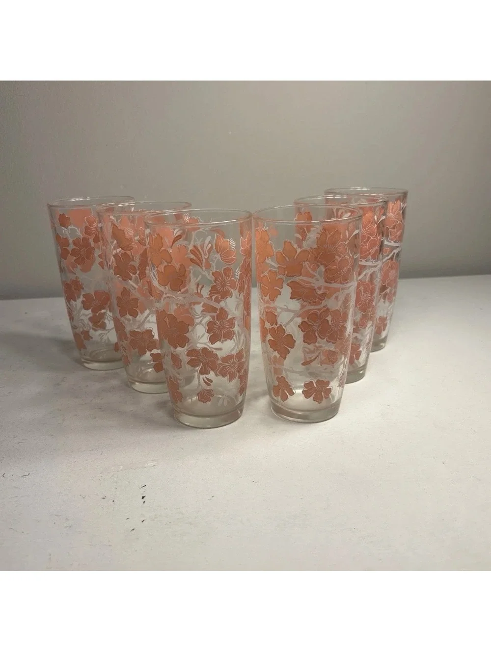 Vintage MCM Dogwood Pink & White Juice Glasses set of 6